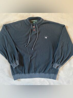Big Dogs Ribbed Pullover Sweatshirt Blue Gray Henley Drawstring Heavyweight M